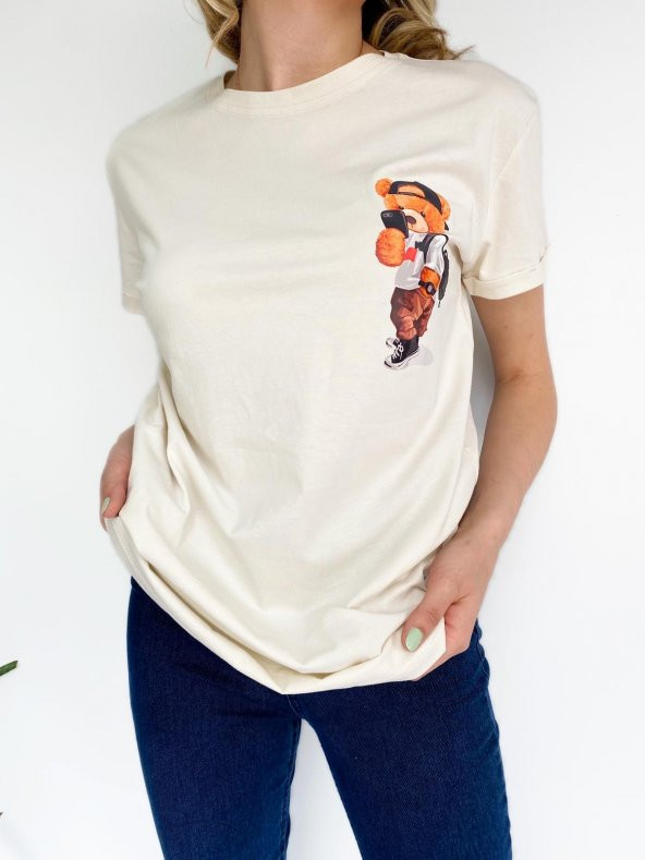 Kadın Ayıcık Baskılı Basic Tshirt Ekru - Resim 7