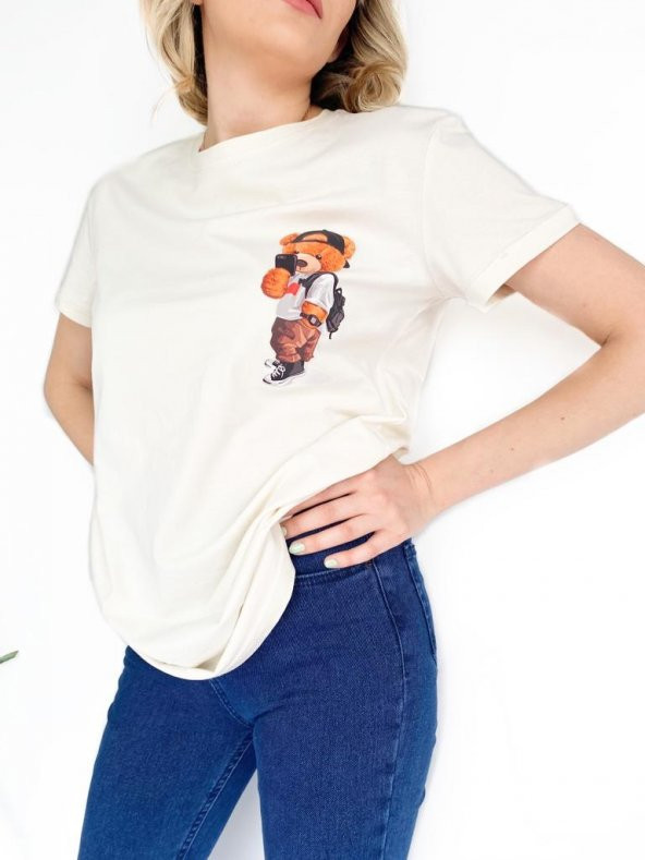 Kadın Ayıcık Baskılı Basic Tshirt Ekru - Resim 8
