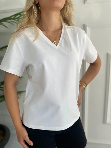 Kadın V Yaka Basic Tshirt Beyaz - Resim 2
