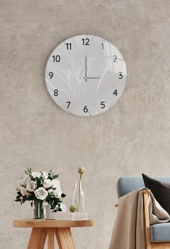 Çap 37cm - Gümüş Yapraklar - Dekoratif Cam Duvar Saati ürün görseli 1