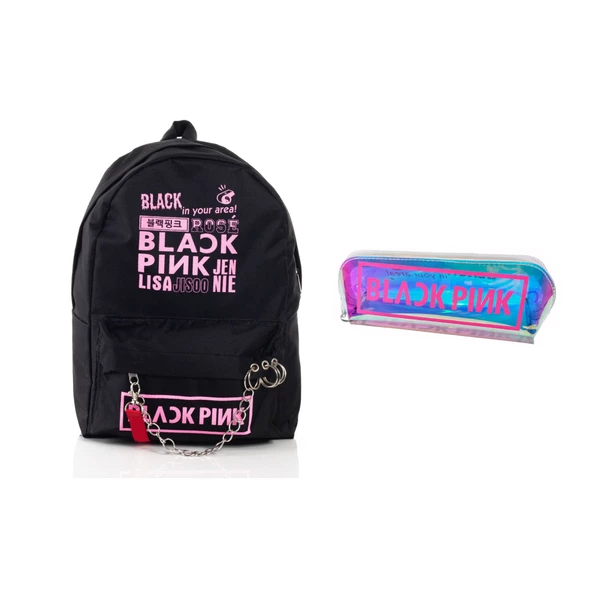 Siyah Blackpink Piercing Sırt Okul Çantası Ve Kalemlik İkili Set ürün görseli 1