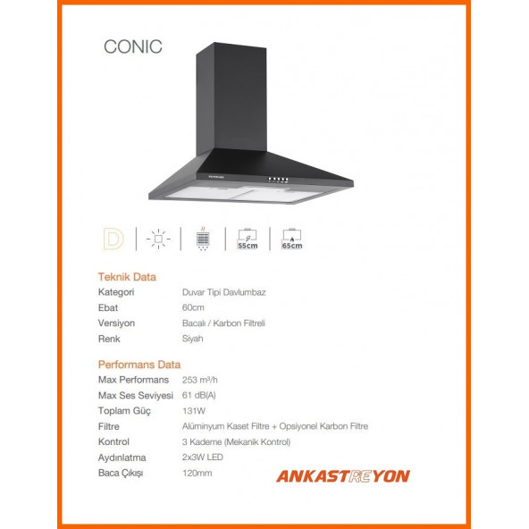 Silverline 2240 Conic Siyah Davlumbaz - Resim 2