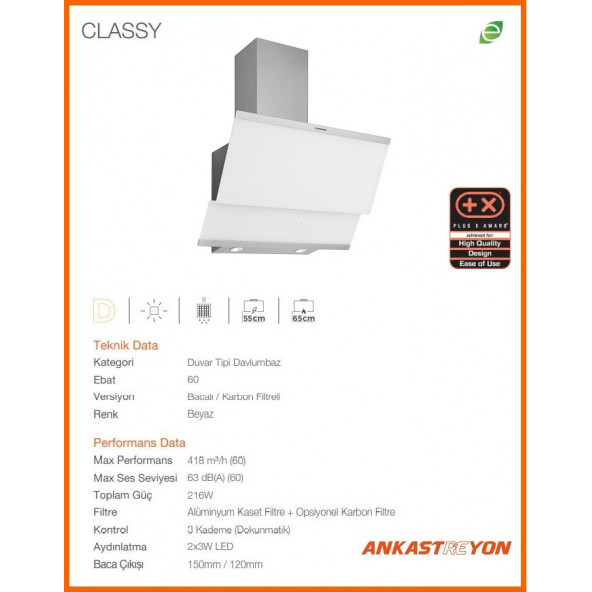 Silverline 3420 Classy Beyaz Duvar Tipi 60 CM Davlumbaz - Resim 2