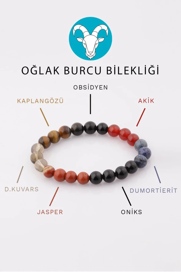 Oğlak Burcu Taşlarından Oluşan Doğal Taş Bileklik 8 mm Küre Kesim - Burç Bilekliği ürün görseli 1