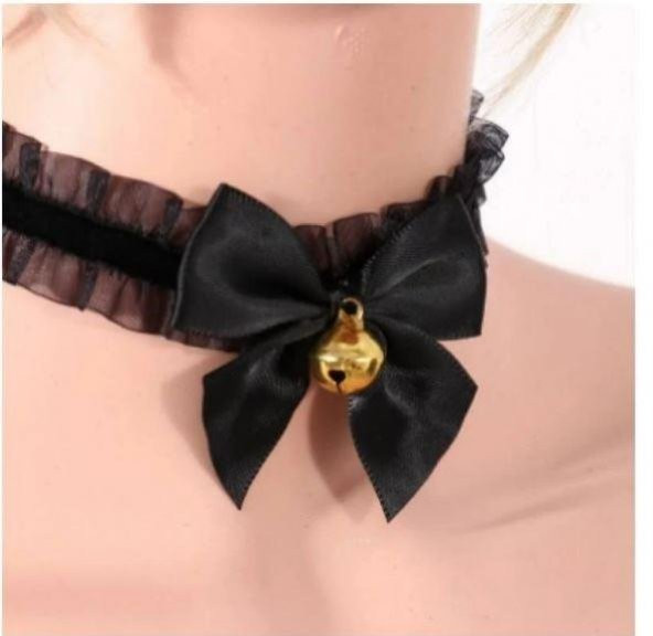 Siyah Dantelli Zilli Choker Tasma Kolye Kadın Kız - Resim 2