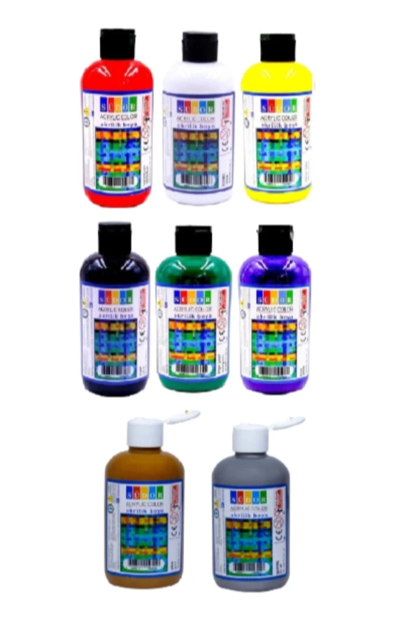 Akrilik Boya 250 Ml 8 Adet 250 ml (Ana Renkler 6ad Gümüş 1 ad Altın 1 ad) ürün görseli 1