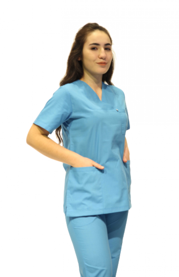 Hemşire Doktor Turkuaz Terycoton Zarf Yaka Takma Kol Cerrahi Takım ürün görseli 1