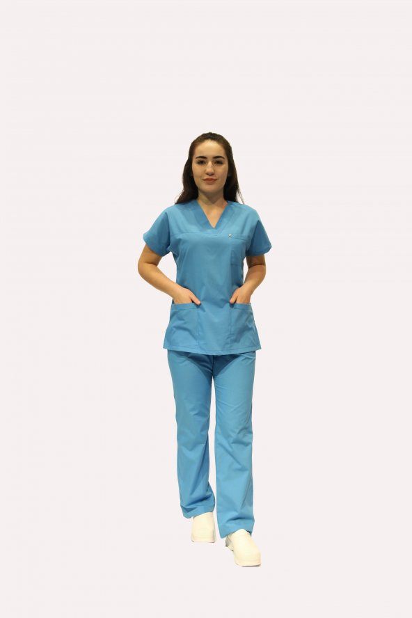 Hemşire Doktor Üniforması terycoton turkuaz cerrahi takım ürün görseli 1