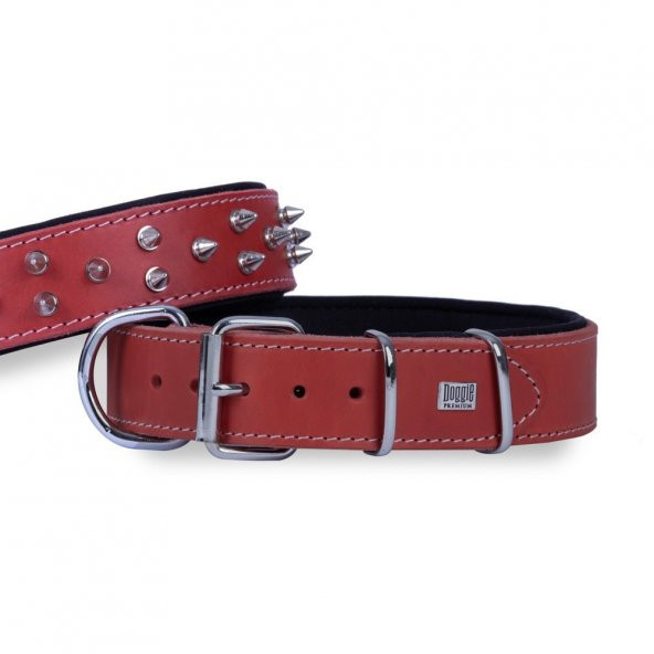Doggie Çift Kat Gerçek Deriden El Yapımı Çivili Köpek Boyun Tasması 4x57-65cm Kırmızı ürün görseli 1