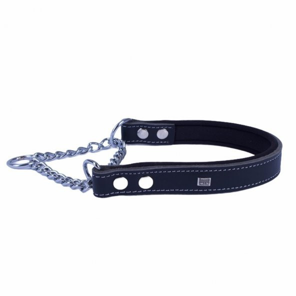 Doggie Konforlu Gerçek Deriden El Yapımı Boğma Zincirli Köpek Boyun Tasması 2,5x45-55cm Siyah ürün görseli 1