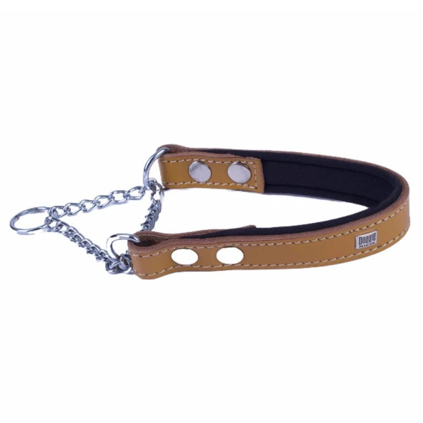Doggie Konforlu Gerçek Deriden El Yapımı Boğma Zincirli Köpek Boyun Tasması 2x35-45cm Camel ürün görseli 1