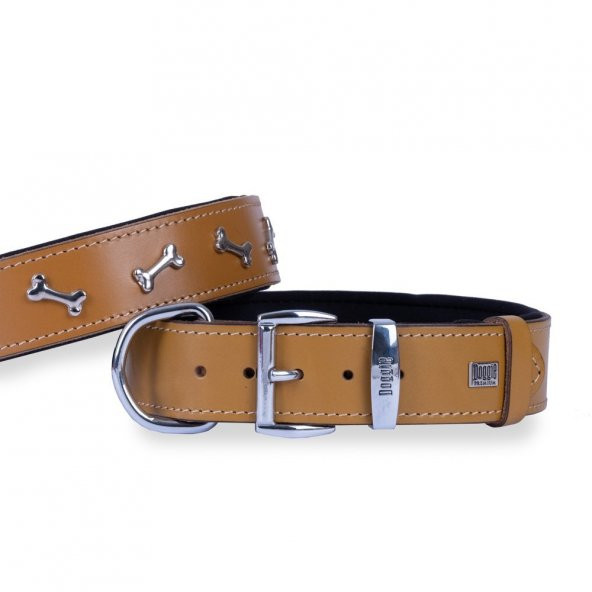 Doggie Konforlu Gerçek Deriden El Yapımı Kemik Süslü Köpek Boyun Tasması 4x52-60cm Camel ürün görseli 1