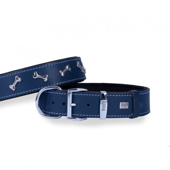 Doggie Konforlu Gerçek Deriden El Yapımı Kemik Süslü Köpek Boyun Tasması 4x52-60cm Royal Mavi ürün görseli 1