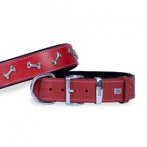 Doggie Konforlu Gerçek Deriden El Yapımı Kemik Süslü Köpek Boyun Tasması 4x52-60cm Kırmızı ürün görseli 1