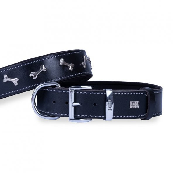 Doggie Konforlu Gerçek Deriden El Yapımı Kemik Süslü Köpek Boyun Tasması 4x47-55cm Siyah ürün görseli 1