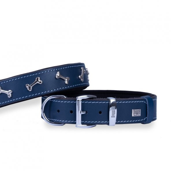 Doggie Konforlu Gerçek Deriden El Yapımı Kemik Süslü Köpek Boyun Tasması 3,5x52-60cm Royal Mavi ürün görseli 1