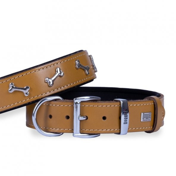 Doggie Konforlu Gerçek Deriden El Yapımı Kemik Süslü Köpek Boyun Tasması 3,5x47-55cm Camel ürün görseli 1