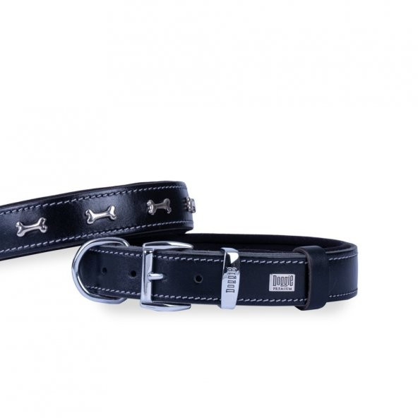 Doggie Konforlu Gerçek Deriden El Yapımı Kemik Süslü Köpek Boyun Tasması 2,5x37-45cm Siyah ürün görseli 1