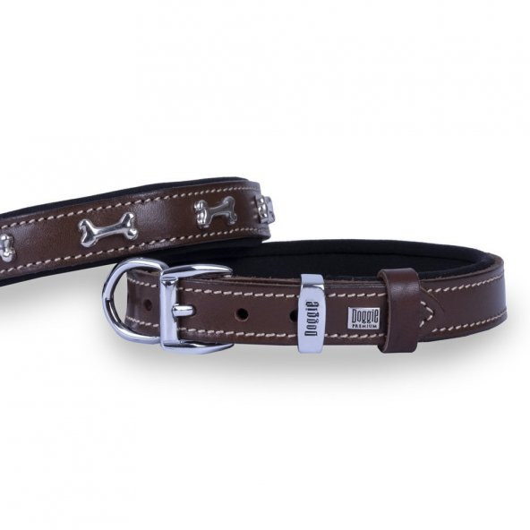 Doggie Konforlu Gerçek Deriden El Yapımı Kemik Süslü Köpek Boyun Tasması 2x35-40cm Kahverengi ürün görseli 1