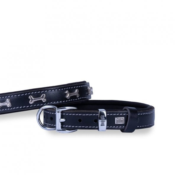 Doggie Konforlu Gerçek Deriden El Yapımı Kemik Süslü Köpek Boyun Tasması 2x35-40cm Siyah ürün görseli 1