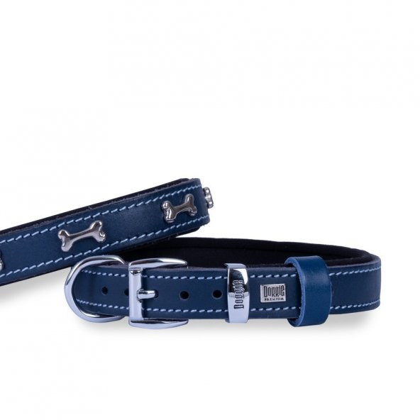 Doggie Konforlu Gerçek Deriden El Yapımı Kemik Süslü Köpek Boyun Tasması 2x30-35cm Royal Mavi ürün görseli 1