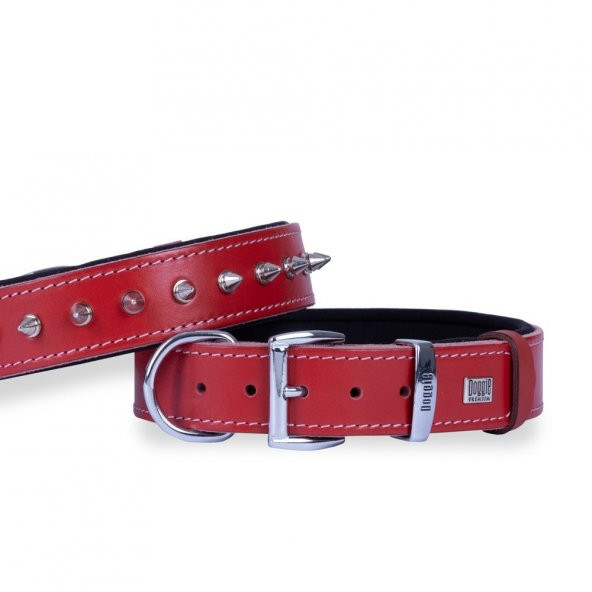 Doggie Konforlu Gerçek Deriden El Yapımı Çivili Köpek Boyun Tasması 3,5x52-60cm Kırmızı ürün görseli 1
