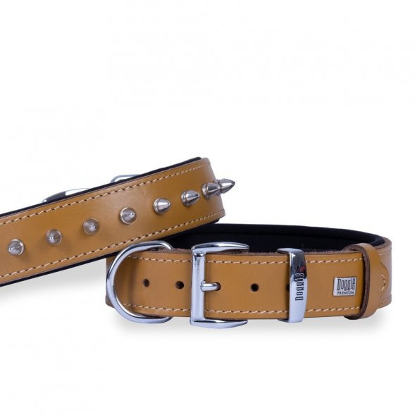 Doggie Konforlu Gerçek Deriden El Yapımı Çivili Köpek Boyun Tasması 3,5x47-55cm Camel ürün görseli 1