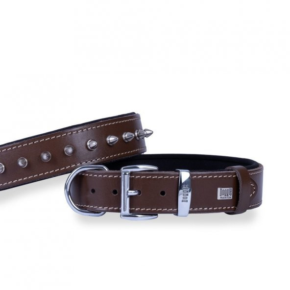 Doggie Konforlu Gerçek Deriden El Yapımı Çivili Köpek Boyun Tasması 3,5x47-55cm Kahverengi ürün görseli 1