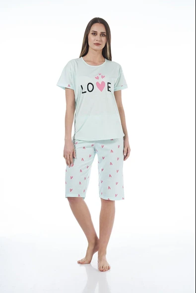 Estiva 22064 Kadın Kalpli Viskon Kısa Kollu Kaprili Pijama Takımı ürün görseli 1