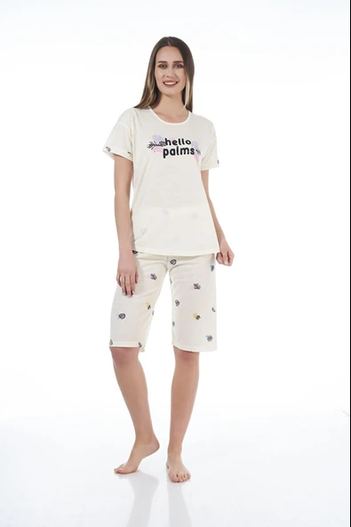 Estiva 22065 Kadın Palmiye Desenli Viskon Kısa Kollu Kaprili Pijama Takımı ürün görseli 1