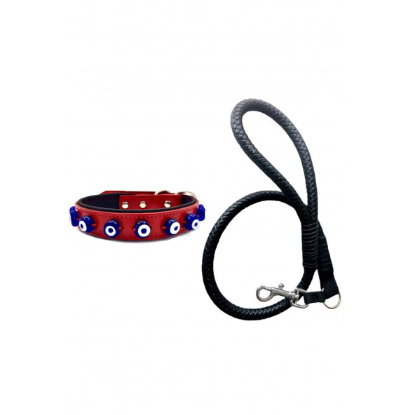DESİNGSHOP Siyah Deri Örgü Gezdirme Kayışı 90cm Ve Hakiki Deri Nazar Boncuklu Köpek Tasması 56x2,5cm ürün görseli 1