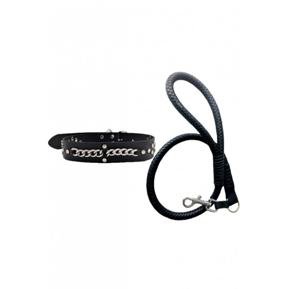 DESİNGSHOP Siyah Deri Örgü Köpek Gezdirme Kayışı 90cm Ve Hakiki Deri Köpek Tasması 4x67cm 2li Set dsg912kts ürün görseli 1