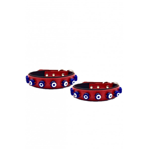 DESİNGSHOP Hakiki Deri Nazar Boncuklu Köpek Tasması Kırımızı 56cm X 2,5cm 2 Adet dsg213c23 ürün görseli 1