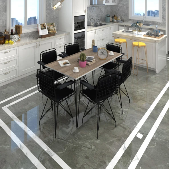 Knsz masa sandalye takımı hem75mazlum crdsyh 130*090 klçsm 6 sandalye syhsyh kolçaklı sırt minderli ürün görseli 1