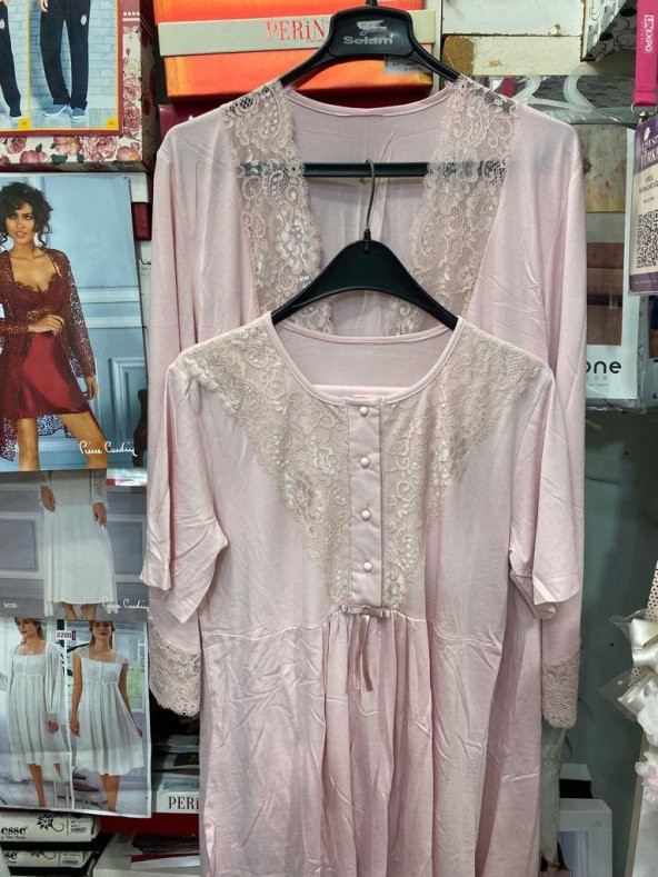 NEHİR 2036  Pudra Hamile Lohusa 3Lü Pijama Sabahlık Takım ürün görseli 1