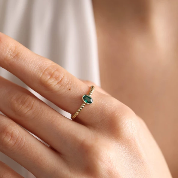 14 Ayar Altın Doğum Taşı Yüzük Burç Yüzükler Oval Emerald ürün görseli 1