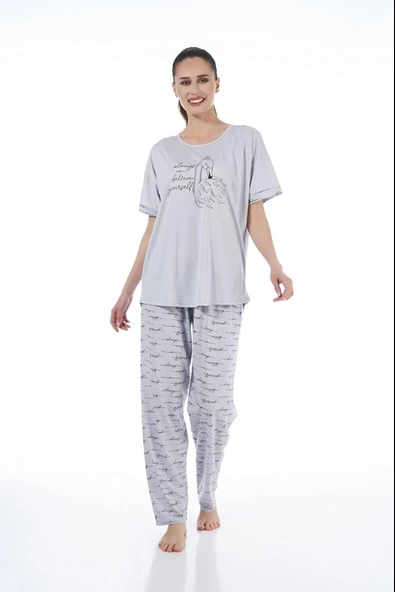 Estiva 22151 Kadın Kuğulu Viskon Kısa Kollu Büyük Beden Pijama Takımı ürün görseli 1