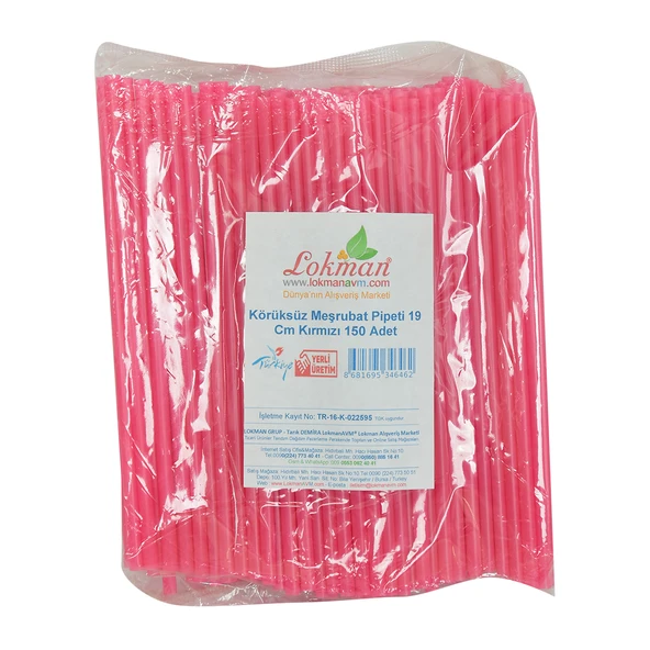 LokmanAVM Körüksüz Pipet Ayran Kola Meşrubat Pipeti 19 Cm Kırmızı 150 Adet Paket ürün görseli 1
