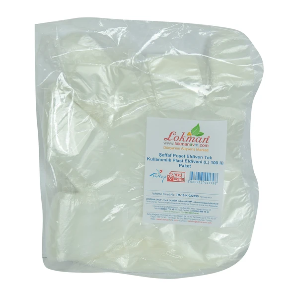 LokmanAVM Şeffaf Poşet Eldiven Tek Kullanımlık Plast Eldiveni (L) 100 lü Paket ürün görseli 1