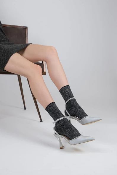 Gümüş Saten Taşlı Stiletto Bilekten Bantlı Gri Topuklu Ayakkabı - Honey ürün görseli 1