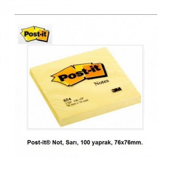 Post-it Yapışkanlı Not Kağıdı 100 YP 76x76 Sarı 654 ürün görseli 1