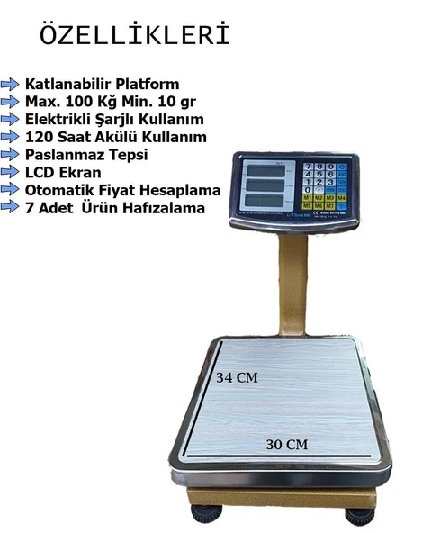 100 KG TERAZİ-2 GR HASSASİYET-FİYAT HESAPLAMALI TARTI-UZUN ŞARJ SÜRESİ-2 YIL GARANTİLİ ürün görseli 1