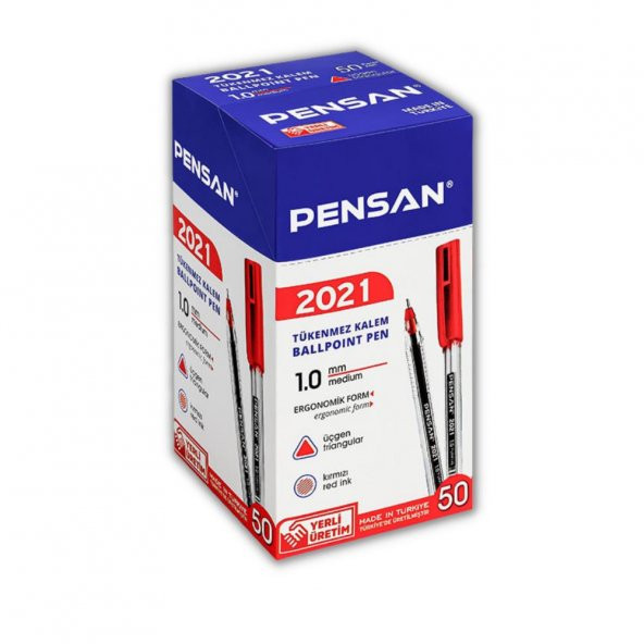 Kırmızı Tükenmez Kalem Pensan 2021 Şeffaf Üçgen Gövde 1.0 mm 50 Adet ürün görseli 1