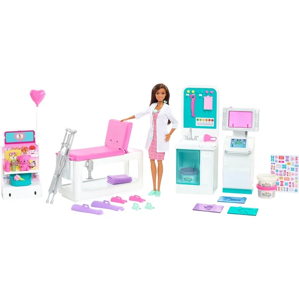 Orjinal Barbie nin Polikliniği Oyun Seti Doktor Esmer Barbie Bebek ve Muayenehanesi 30cm ürün görseli 1