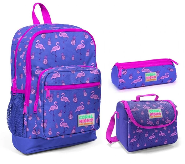 Coral High Mor Flamingo Kız Çocuk 3'lü İlkokul Çanta Seti ürün görseli 1