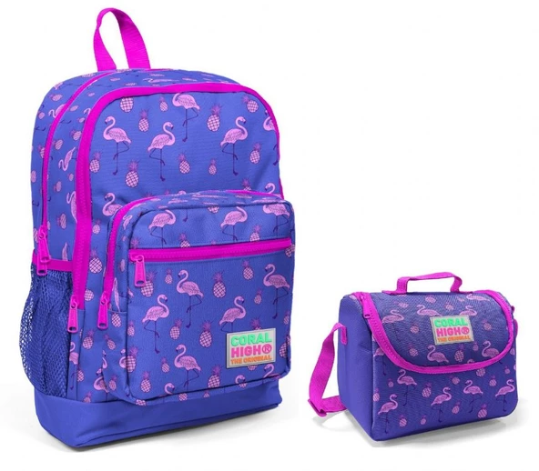 Coral High Mor Flamingo Kız Çocuk İlkokul Çantası ve Beslenme Seti ürün görseli 1