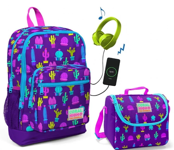 Coral High Mor Kaktüs Baskılı Okul Çantası ve Beslenme Çantası Seti - Kız Çocuk - USB Soketli ürün görseli 1