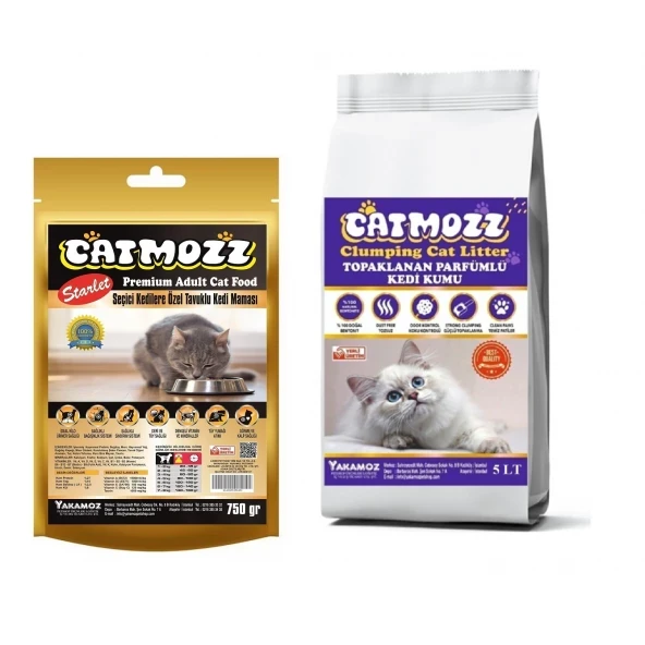 CatMozz Starlet Tavuklu Yetişkin Kedi Maması 750 gr+CatMozz Premium Topaklanan Bentonit Kedi Kumu 5Lt ürün görseli 1