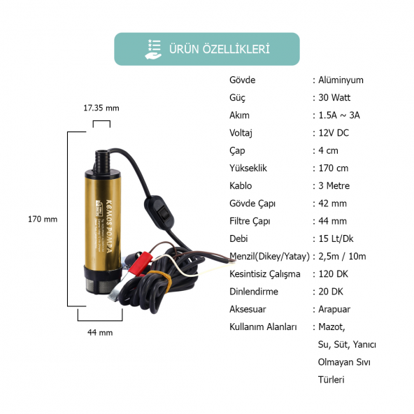 KIZILIRMAK 12 VOLT ALÜMİNYUM DALGIÇ TİPİ SIVI AKTARMA POMPASI (FİLTRE+ARAPUAR) ürün görseli 1