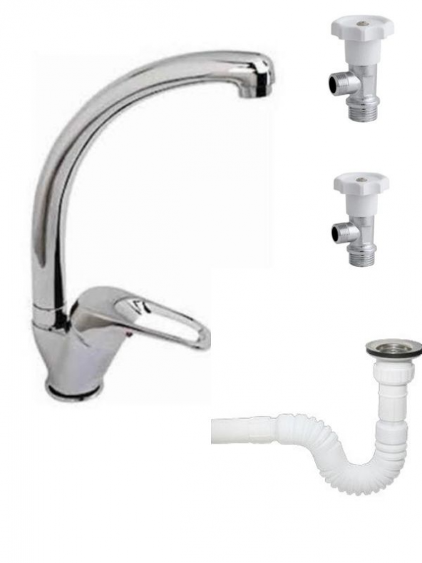 Kuğu Lavabo ve Eviye Bataryası Körüklü Sifon Ara musluk 3lü Set ürün görseli 1